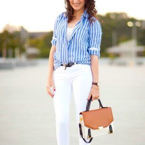 j.crew | coastal blue striped linen blend button down boy shirt 8